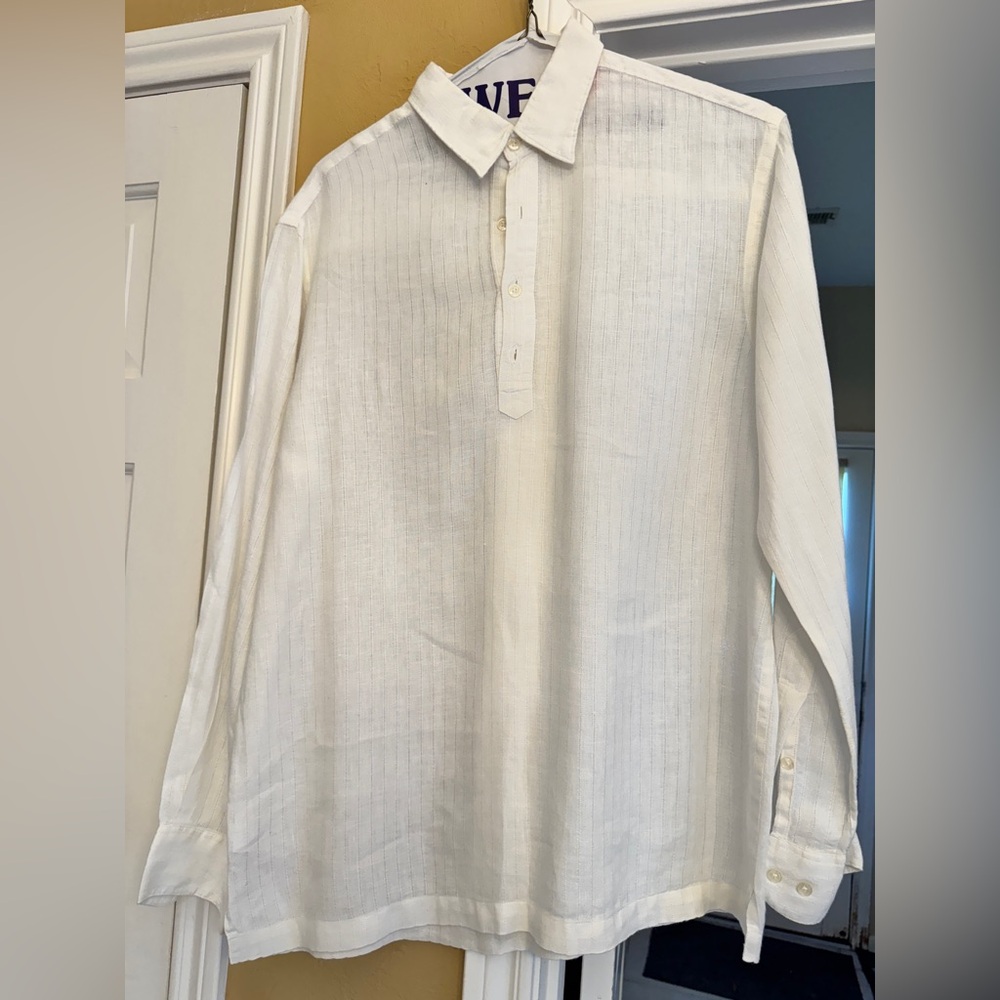 Perry Ellis White Linen Casual 1/4 Button Down long sleeve Shirt Sz L